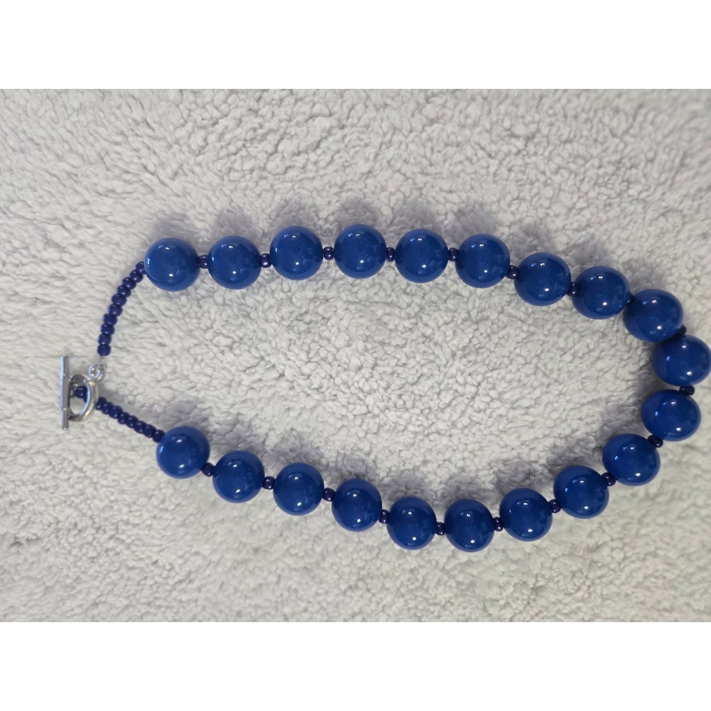 Cobalt Blue Beaded Statement Necklace Silver Tone Toggle Clasp 16 Inch